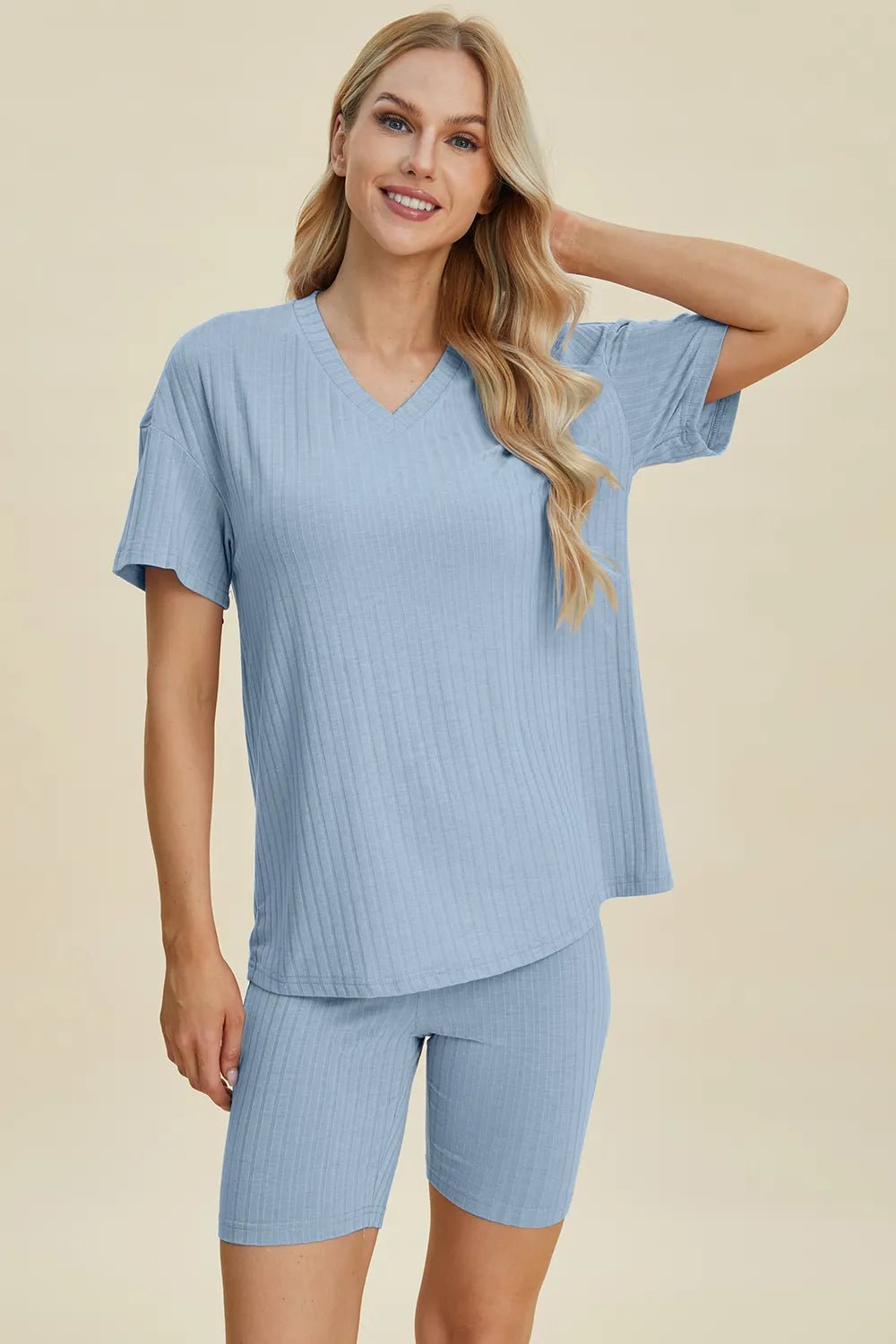 Basic Bae Full Size Ribbed V - Neck Short Sleeve Top and Shorts Set - Grace & Grit Boutique