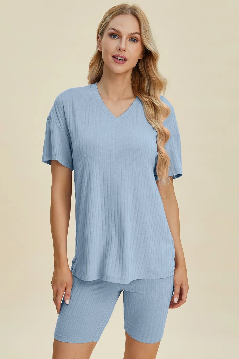 Basic Bae Full Size Ribbed V - Neck Short Sleeve Top and Shorts Set - Grace & Grit Boutique