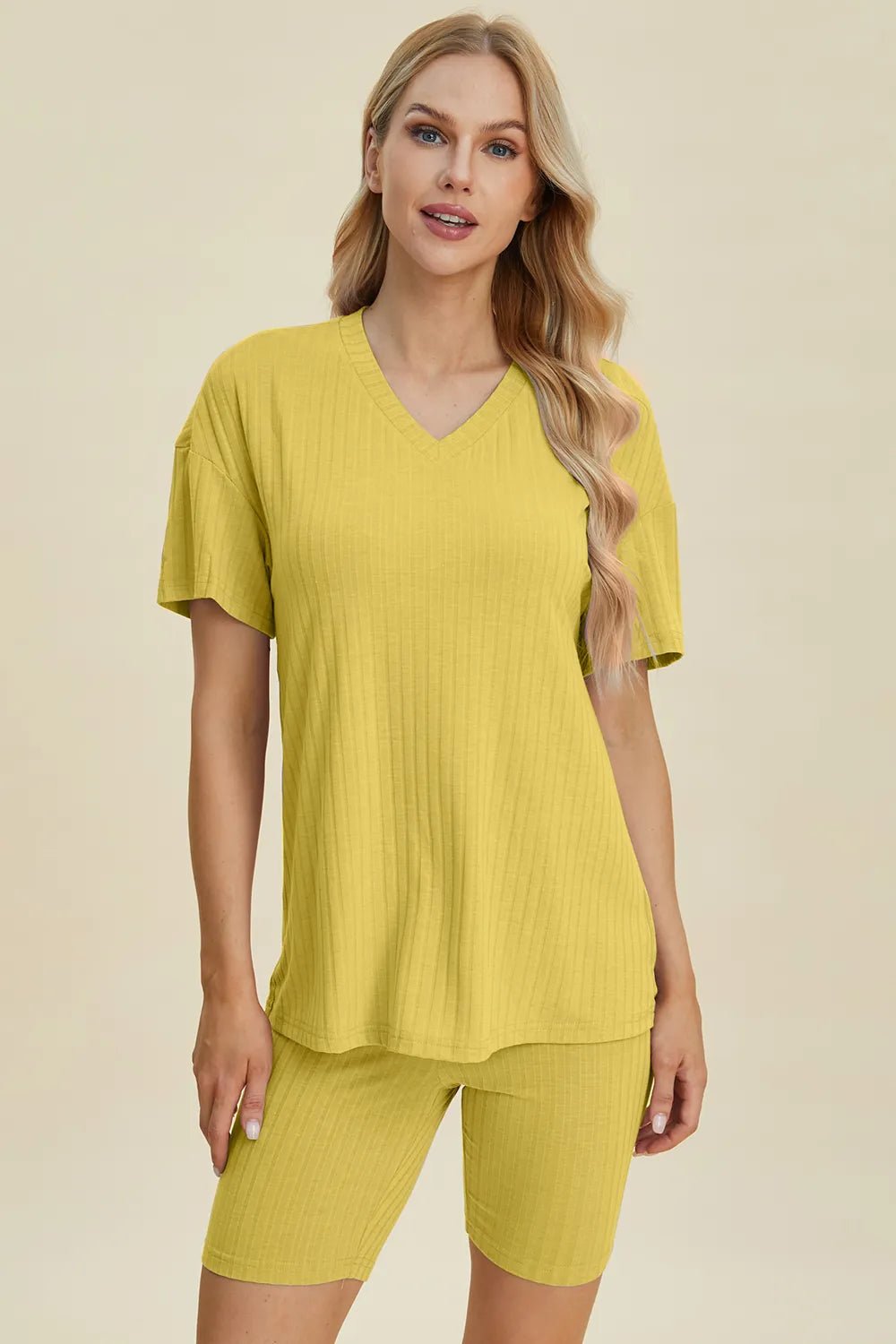 Basic Bae Full Size Ribbed V - Neck Short Sleeve Top and Shorts Set - Grace & Grit Boutique