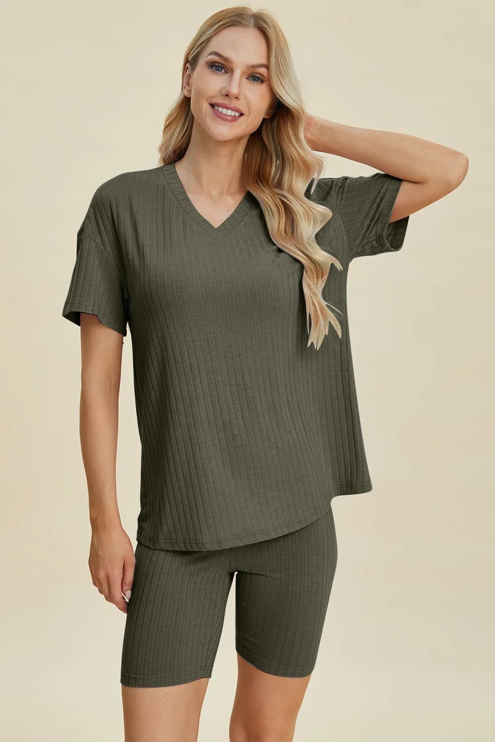 Basic Bae Full Size Ribbed V - Neck Short Sleeve Top and Shorts Set - Grace & Grit Boutique