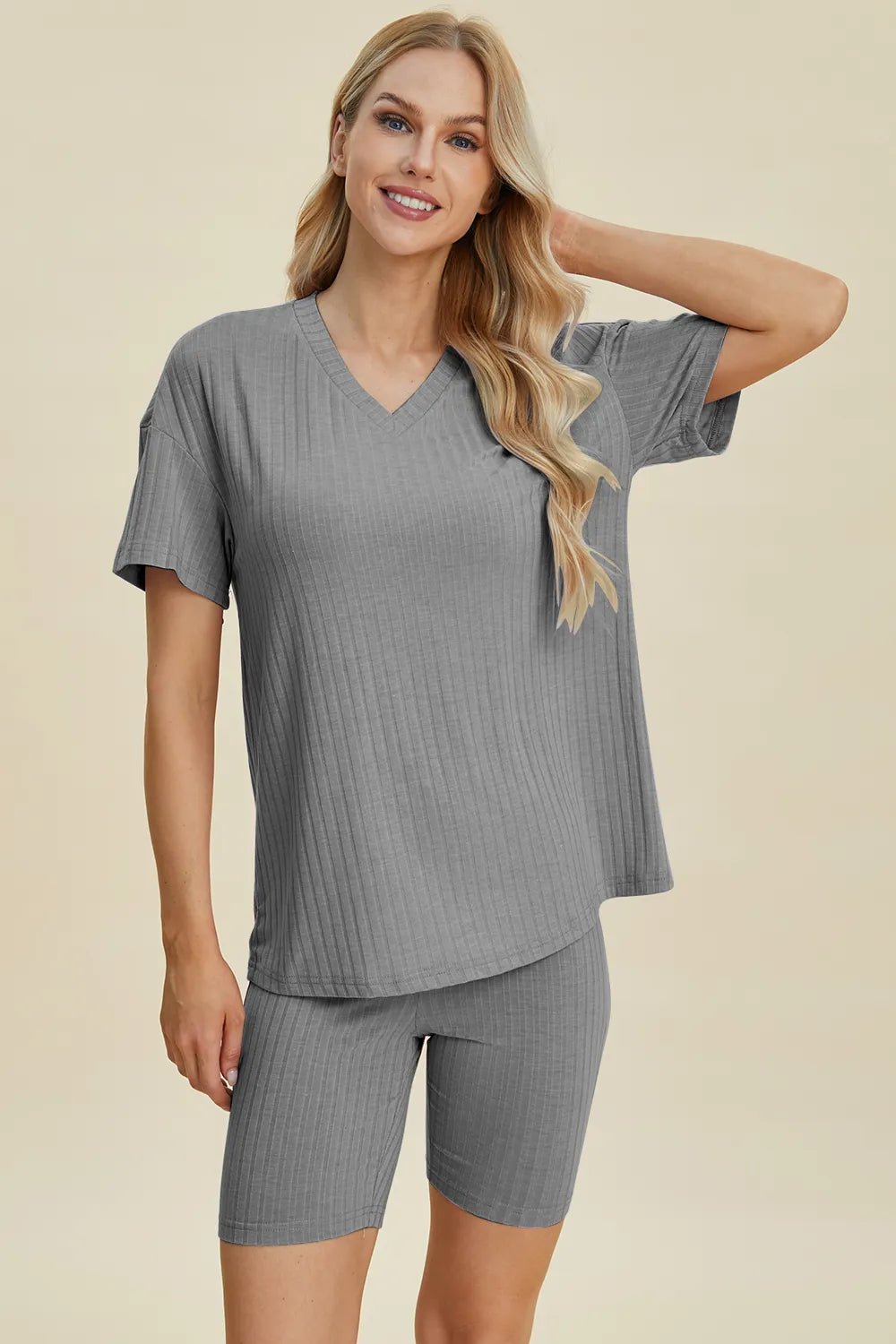 Basic Bae Full Size Ribbed V - Neck Short Sleeve Top and Shorts Set - Grace & Grit Boutique
