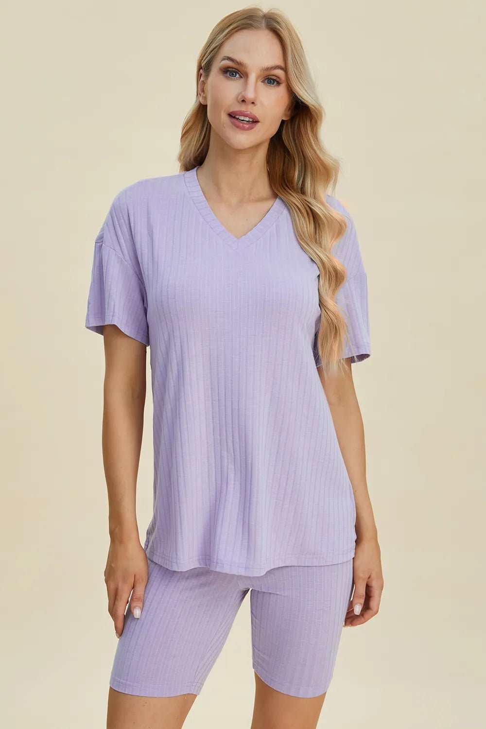 Basic Bae Full Size Ribbed V - Neck Short Sleeve Top and Shorts Set - Grace & Grit Boutique