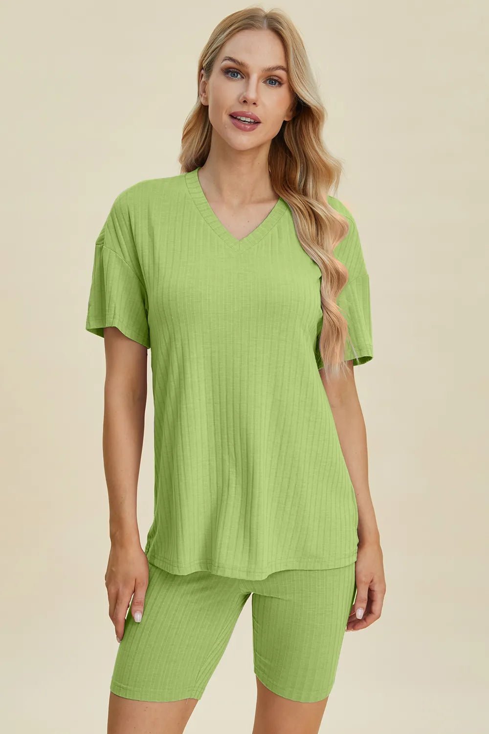 Basic Bae Full Size Ribbed V - Neck Short Sleeve Top and Shorts Set - Grace & Grit Boutique