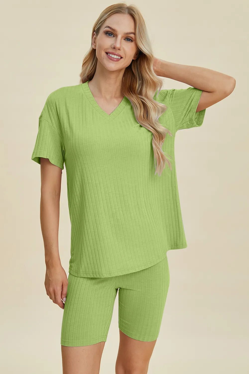 Basic Bae Full Size Ribbed V - Neck Short Sleeve Top and Shorts Set - Grace & Grit Boutique