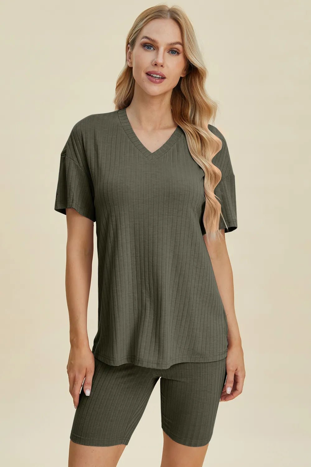 Basic Bae Full Size Ribbed V - Neck Short Sleeve Top and Shorts Set - Grace & Grit Boutique