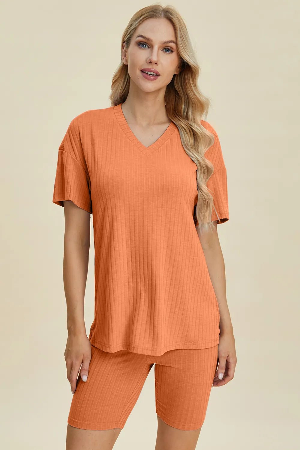 Basic Bae Full Size Ribbed V - Neck Short Sleeve Top and Shorts Set - Grace & Grit Boutique