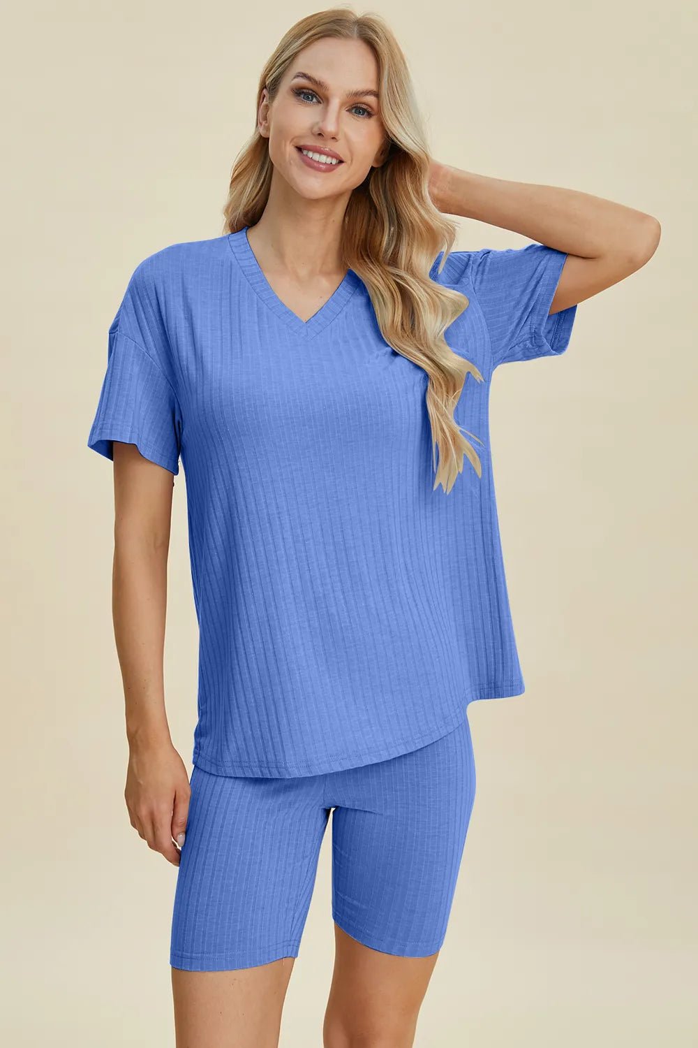 Basic Bae Full Size Ribbed V - Neck Short Sleeve Top and Shorts Set - Grace & Grit Boutique