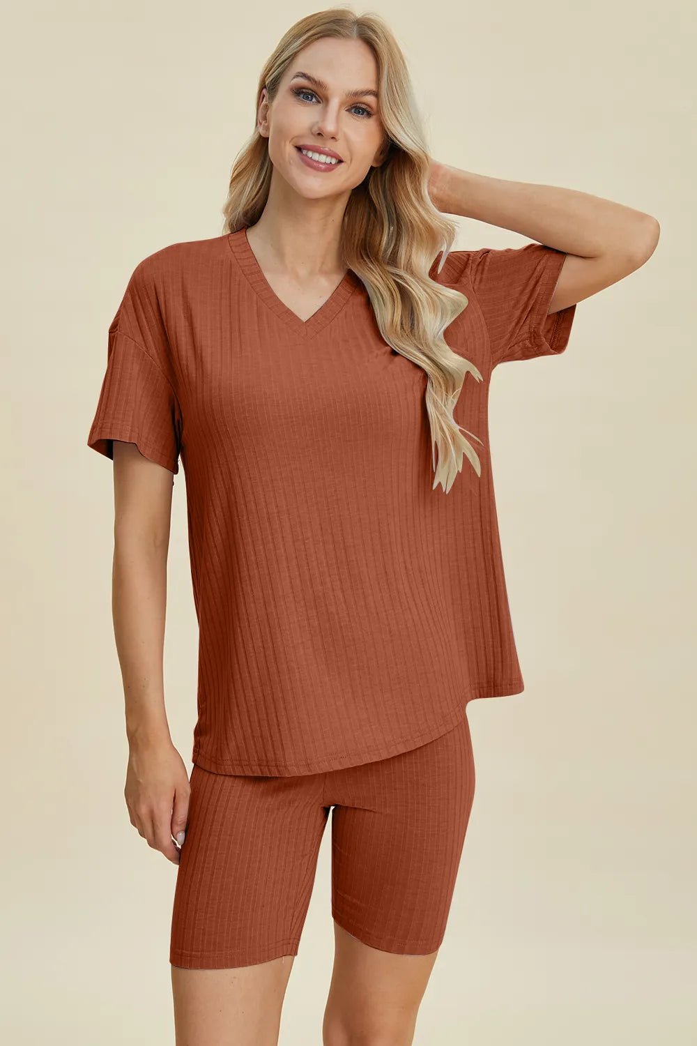 Basic Bae Full Size Ribbed V - Neck Short Sleeve Top and Shorts Set - Grace & Grit Boutique