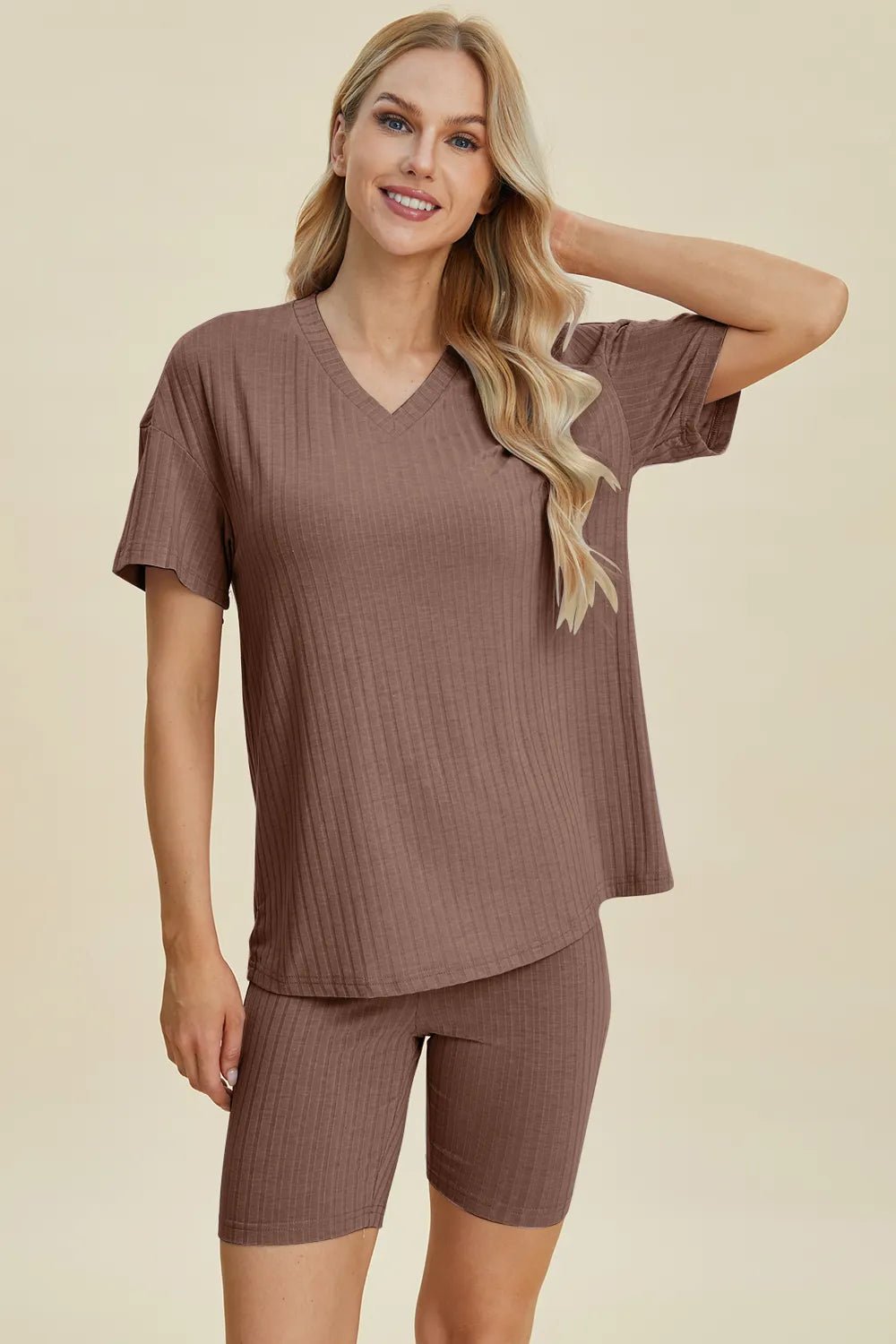 Basic Bae Full Size Ribbed V - Neck Short Sleeve Top and Shorts Set - Grace & Grit Boutique