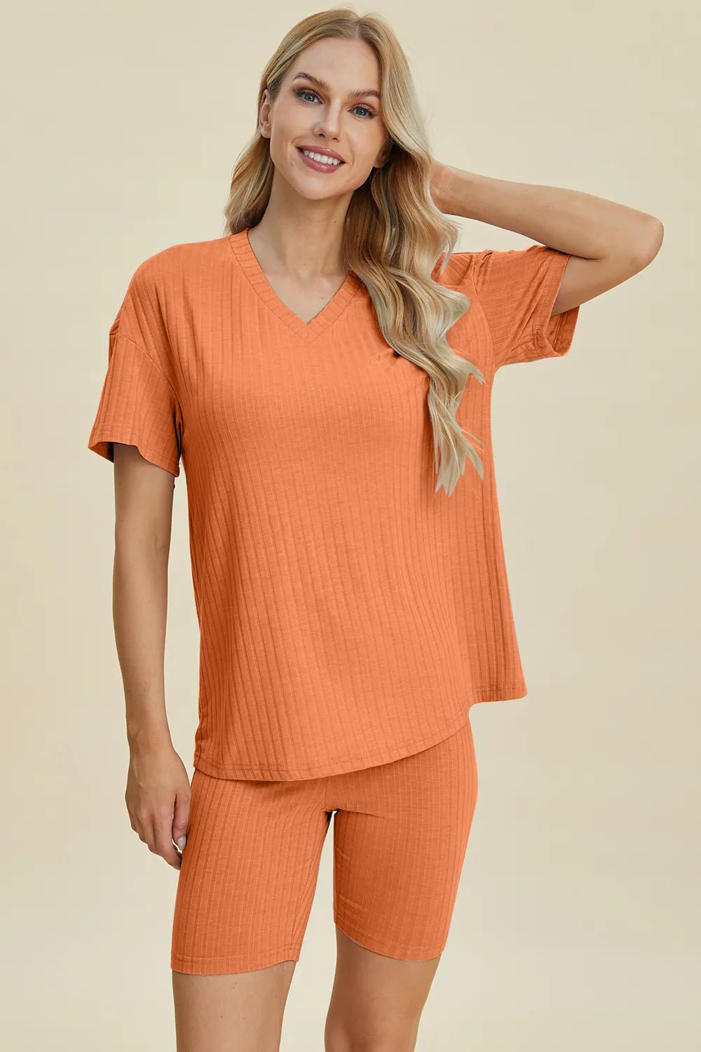 Basic Bae Full Size Ribbed V - Neck Short Sleeve Top and Shorts Set - Grace & Grit Boutique