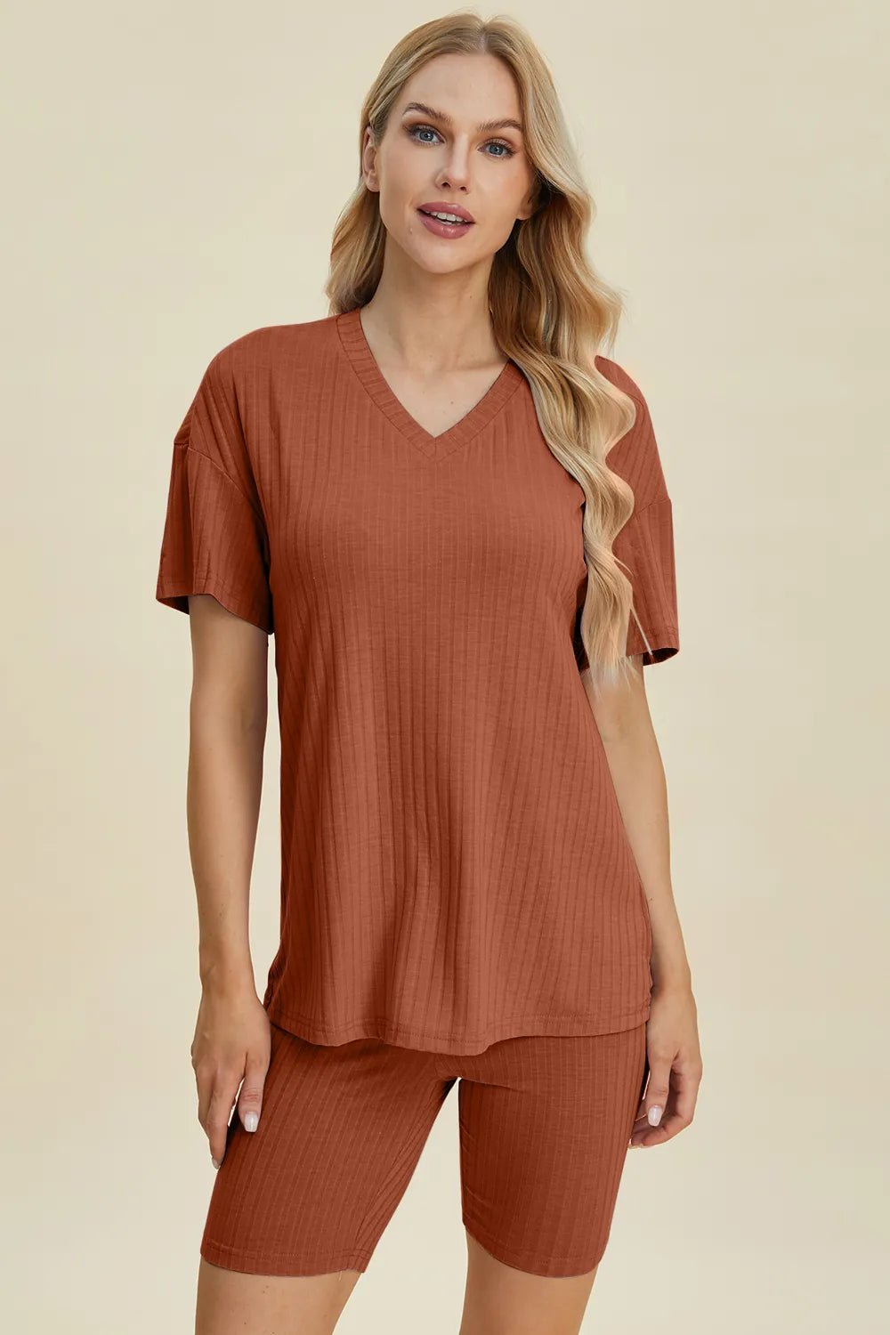 Basic Bae Full Size Ribbed V - Neck Short Sleeve Top and Shorts Set - Grace & Grit Boutique