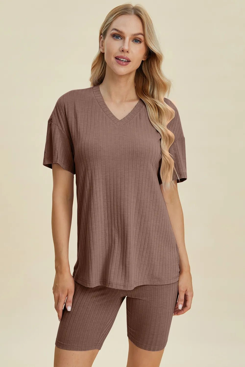 Basic Bae Full Size Ribbed V - Neck Short Sleeve Top and Shorts Set - Grace & Grit Boutique