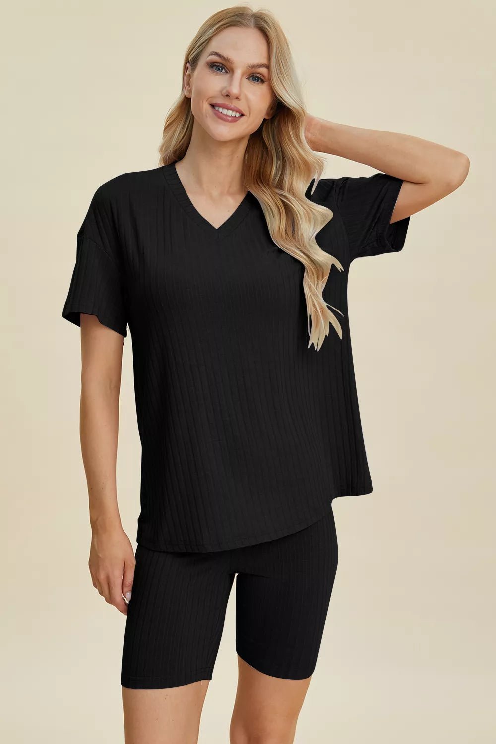 Basic Bae Full Size Ribbed V - Neck Short Sleeve Top and Shorts Set - Grace & Grit Boutique
