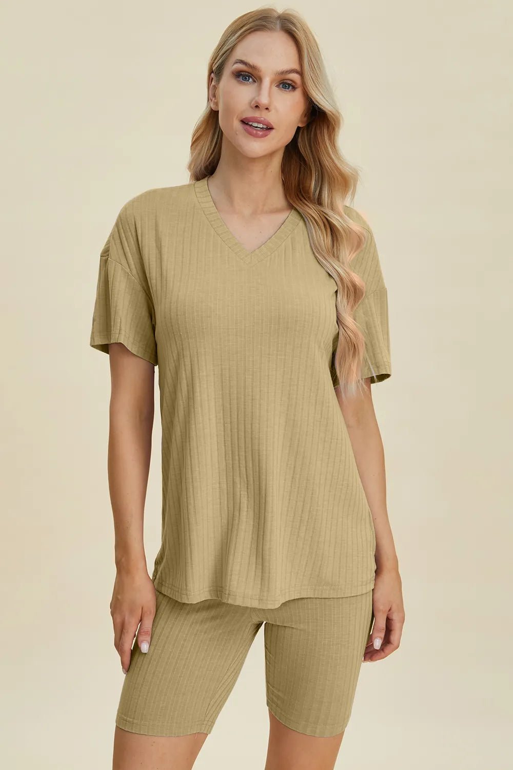 Basic Bae Full Size Ribbed V - Neck Short Sleeve Top and Shorts Set - Grace & Grit Boutique