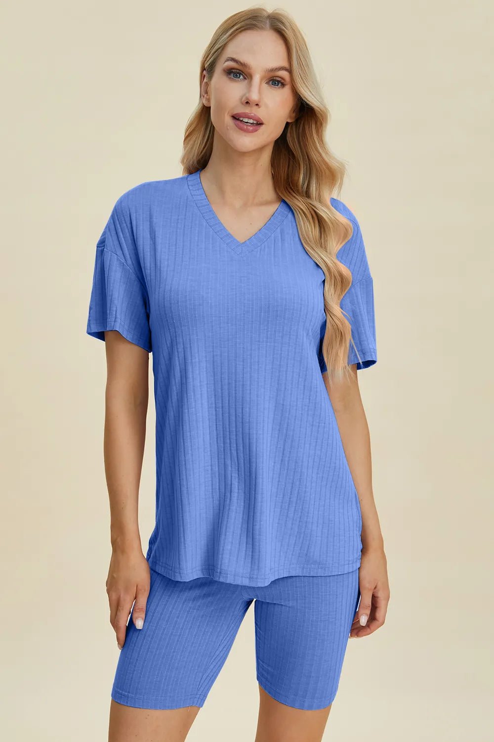 Basic Bae Full Size Ribbed V - Neck Short Sleeve Top and Shorts Set - Grace & Grit Boutique
