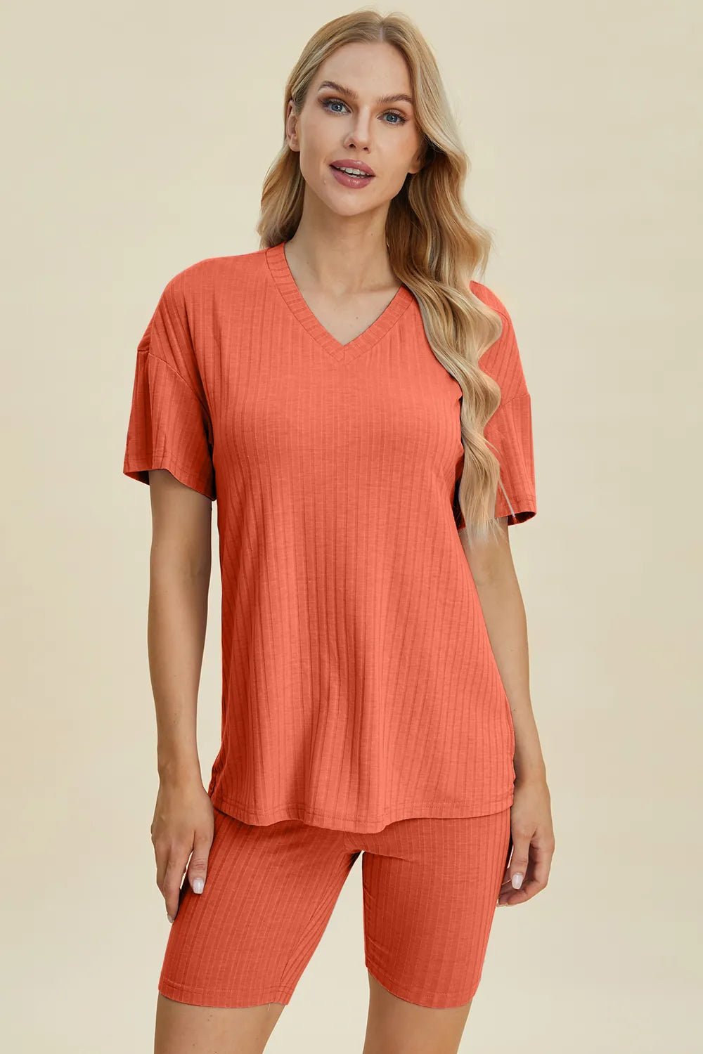 Basic Bae Full Size Ribbed V - Neck Short Sleeve Top and Shorts Set - Grace & Grit Boutique