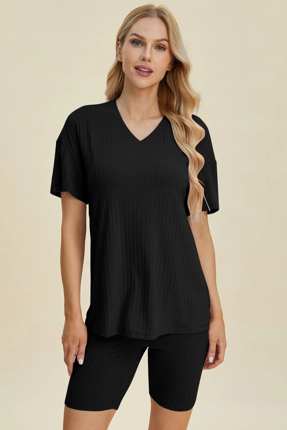 Basic Bae Full Size Ribbed V - Neck Short Sleeve Top and Shorts Set - Grace & Grit Boutique