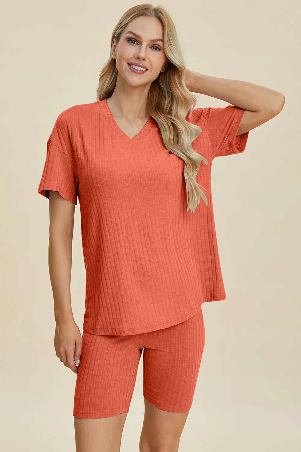 Basic Bae Full Size Ribbed V - Neck Short Sleeve Top and Shorts Set - Grace & Grit Boutique