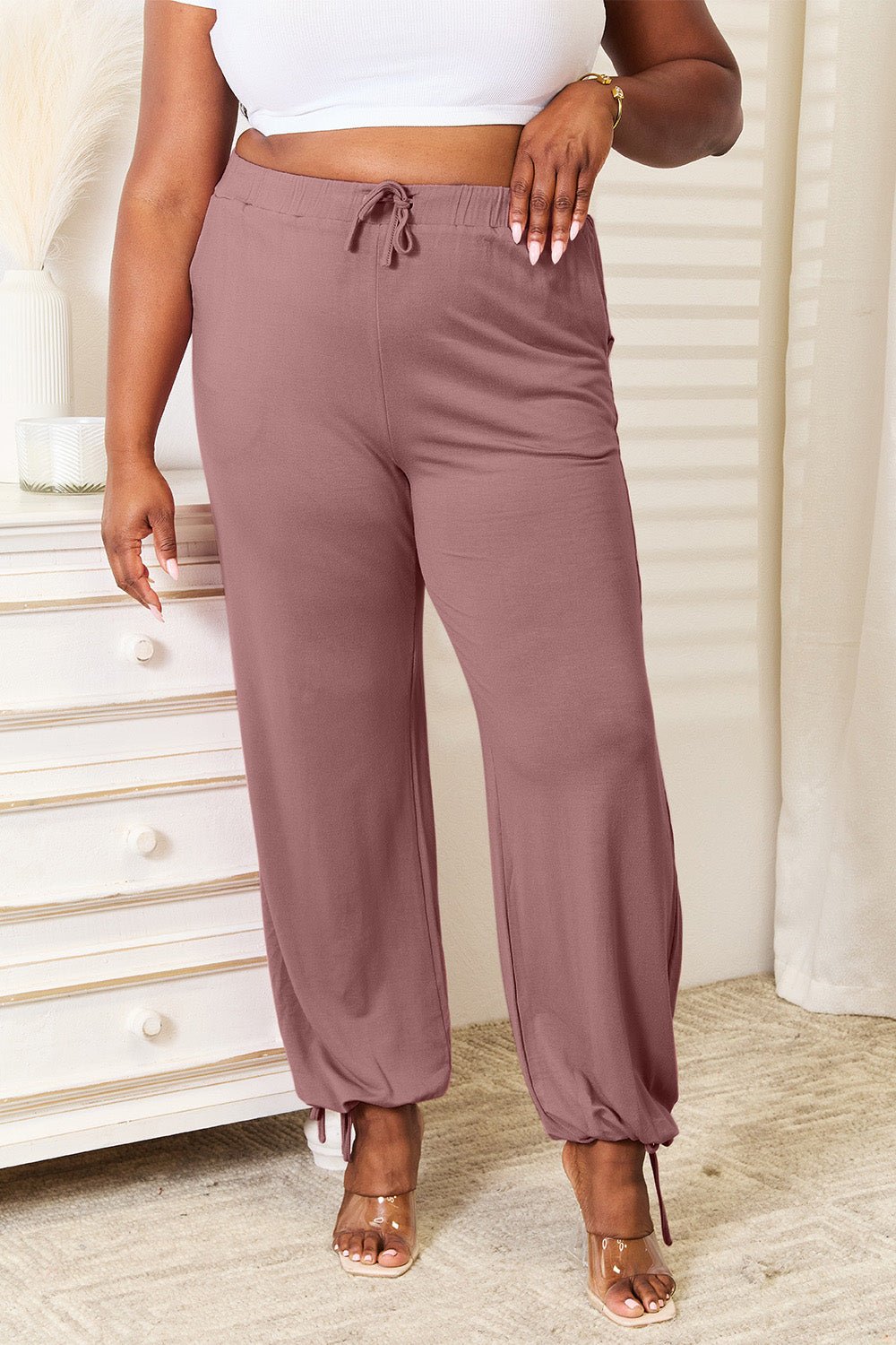 Basic Bae Full Size Soft Rayon Drawstring Waist Pants with Pockets by Trendsi