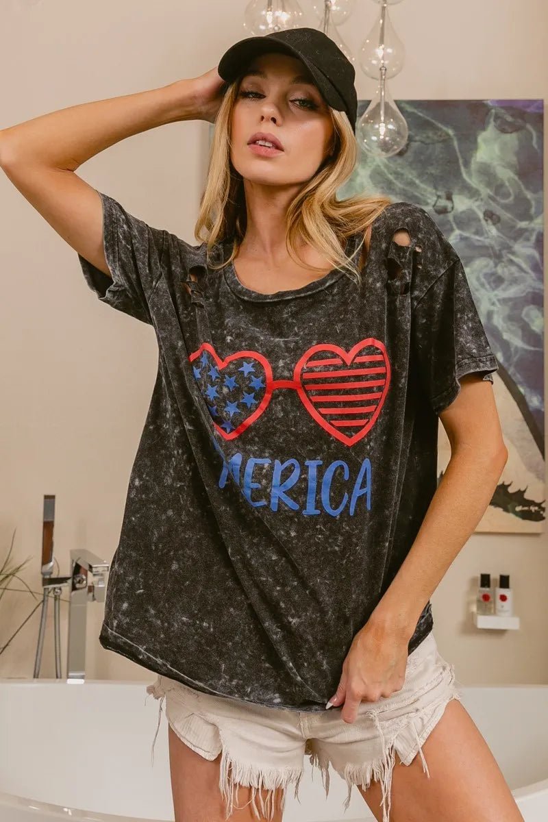 BiBi 4th Of July Theme Mineral Washed Laser Cut Top - Grace & Grit Boutique