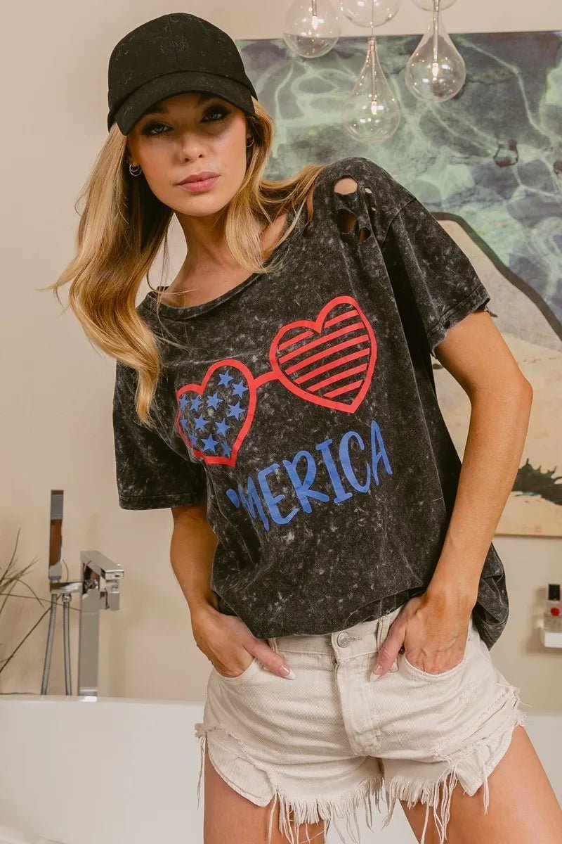 BiBi 4th Of July Theme Mineral Washed Laser Cut Top - Grace & Grit Boutique