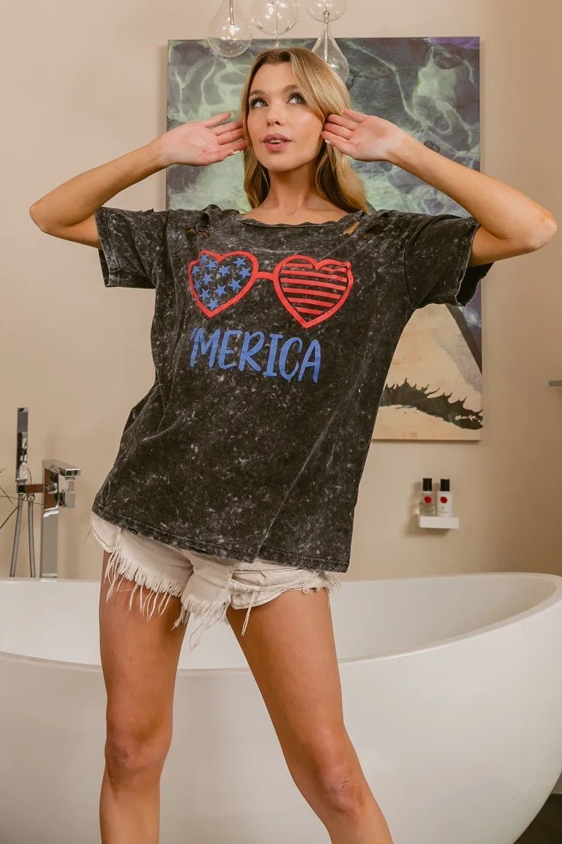 BiBi 4th Of July Theme Mineral Washed Laser Cut Top - Grace & Grit Boutique