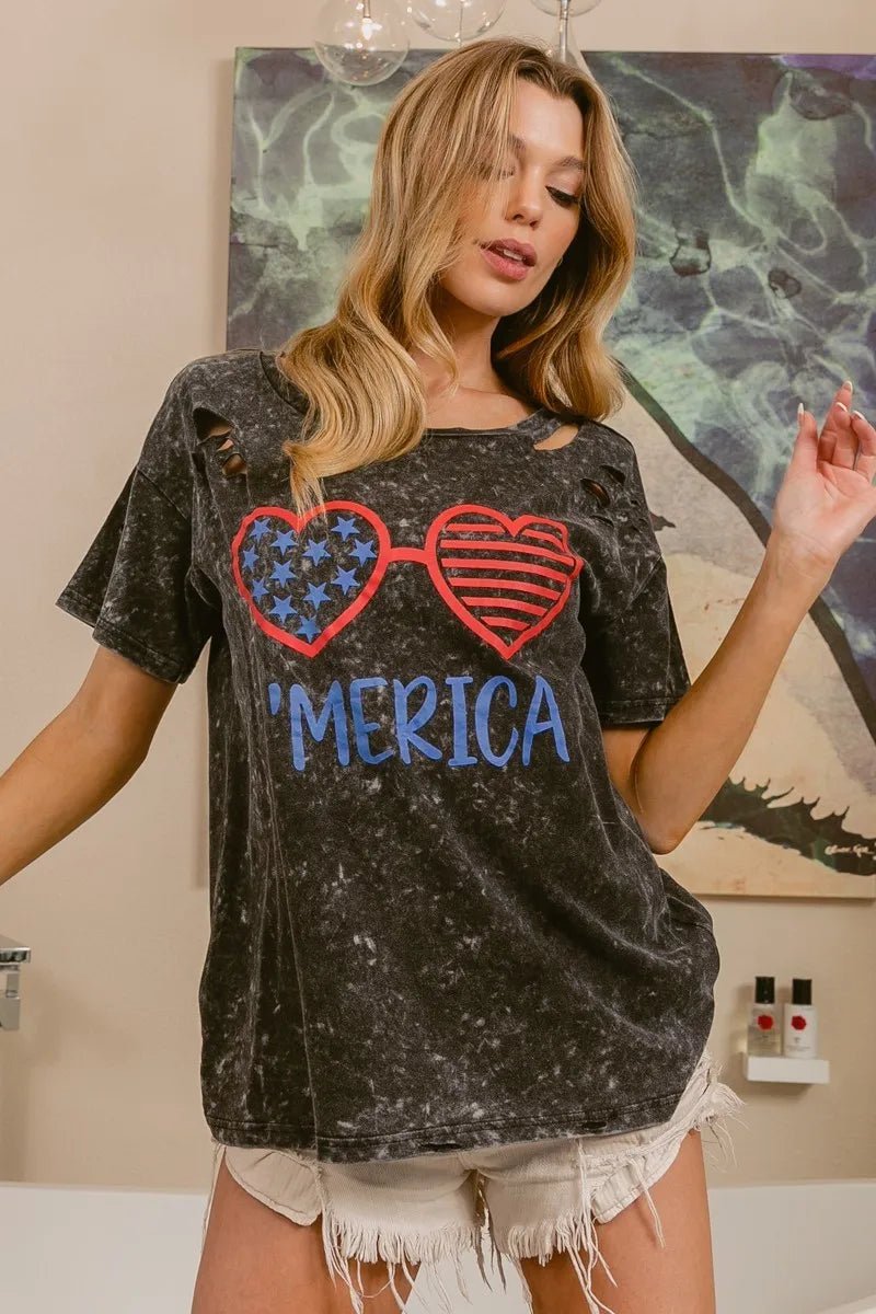 BiBi 4th Of July Theme Mineral Washed Laser Cut Top - Grace & Grit Boutique