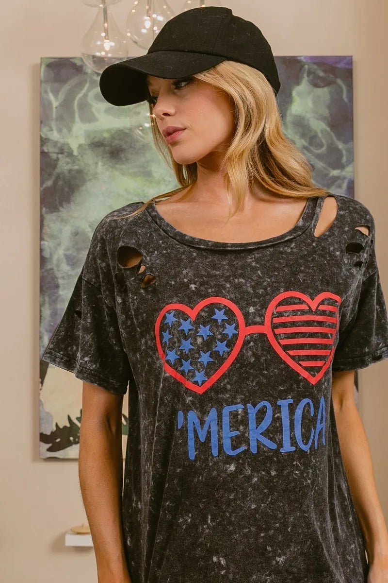 BiBi 4th Of July Theme Mineral Washed Laser Cut Top - Grace & Grit Boutique