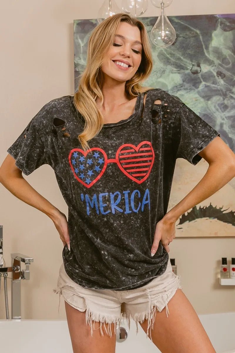 BiBi 4th Of July Theme Mineral Washed Laser Cut Top - Grace & Grit Boutique