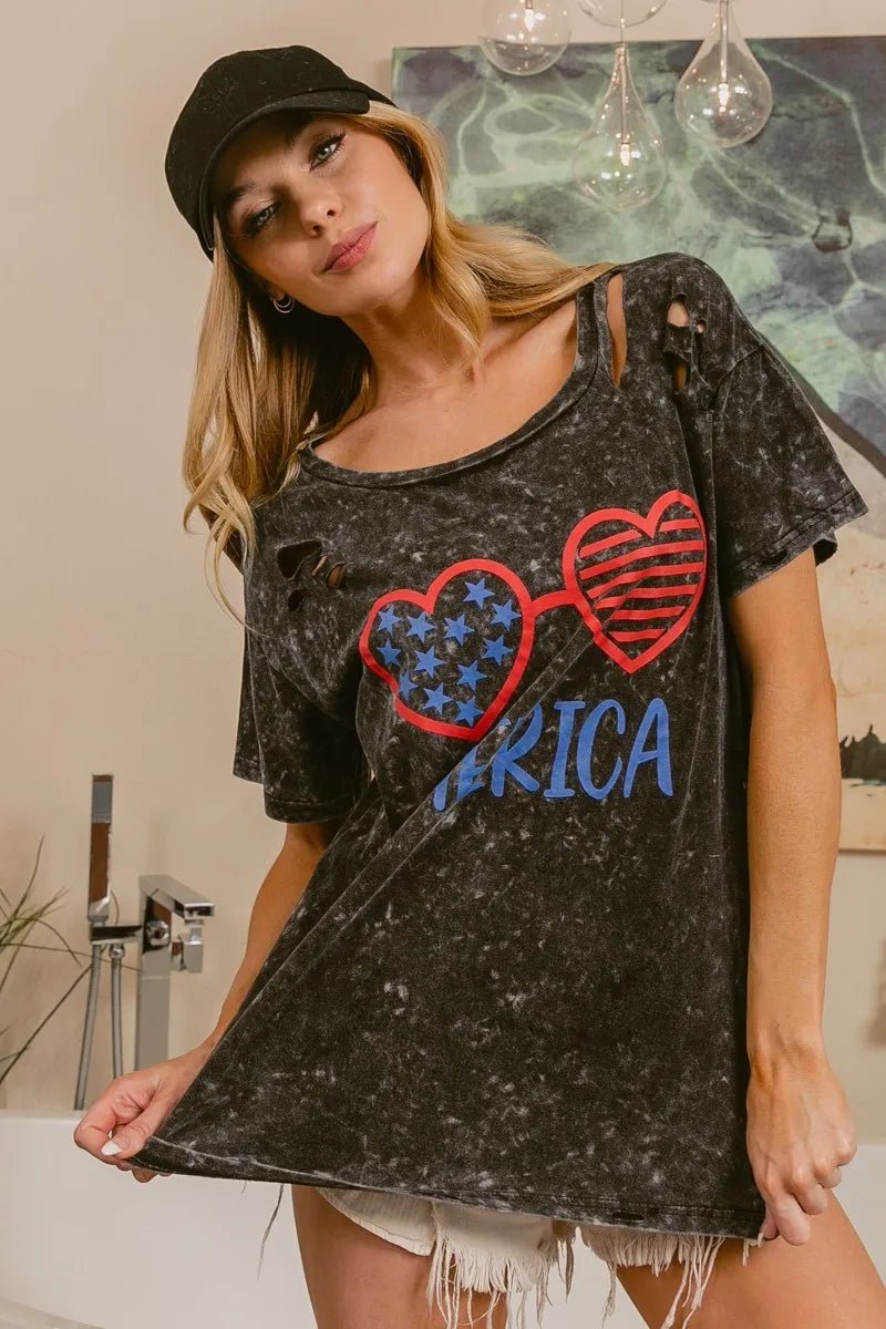 BiBi 4th Of July Theme Mineral Washed Laser Cut Top - Grace & Grit Boutique