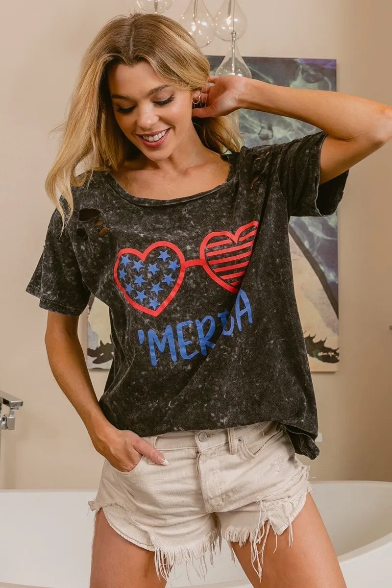 BiBi 4th Of July Theme Mineral Washed Laser Cut Top - Grace & Grit Boutique