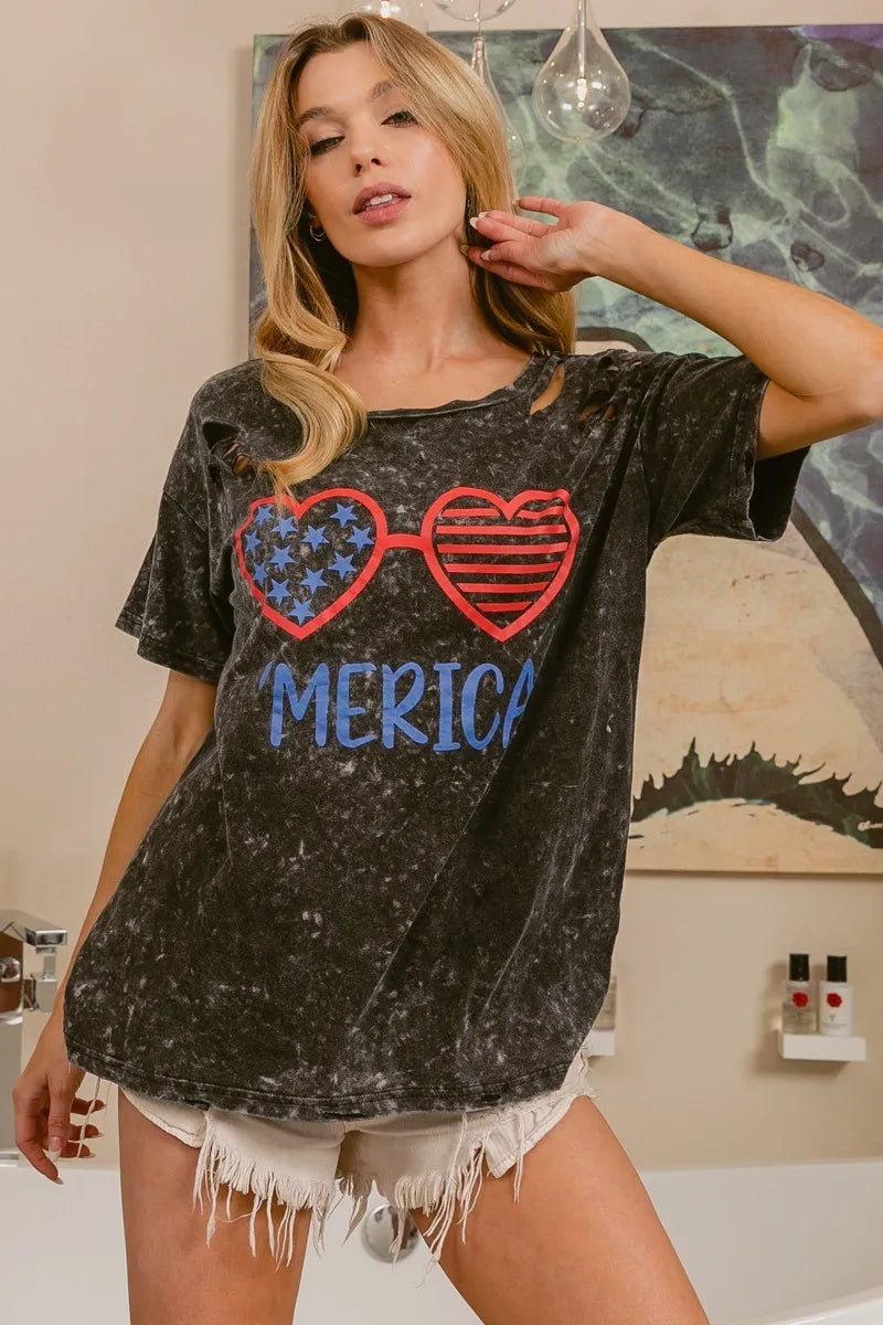 BiBi 4th Of July Theme Mineral Washed Laser Cut Top - Grace & Grit Boutique