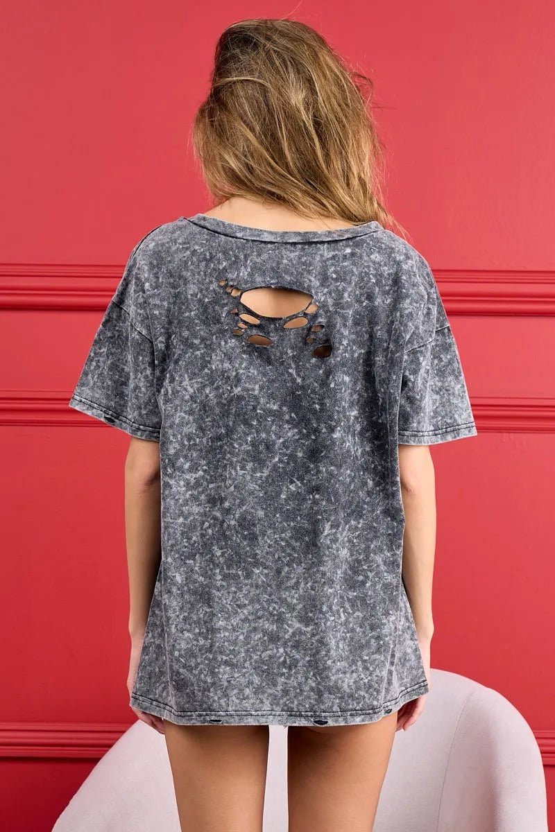 BiBi 4th Of July Theme Mineral Washed Laser Cut Top - Grace & Grit Boutique