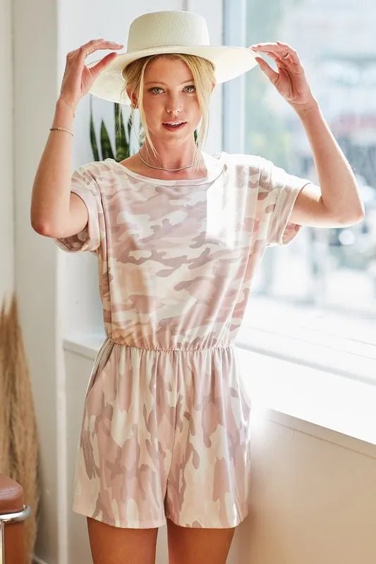 BiBi Camo Print French Terry Romper with Side Pockets - Grace & Grit Boutique