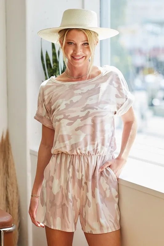 BiBi Camo Print French Terry Romper with Side Pockets - Grace & Grit Boutique