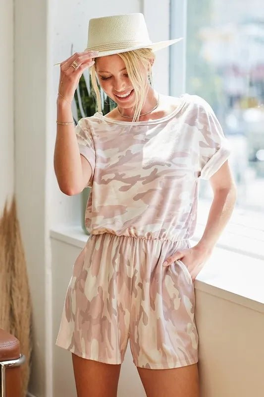 BiBi Camo Print French Terry Romper with Side Pockets - Grace & Grit Boutique