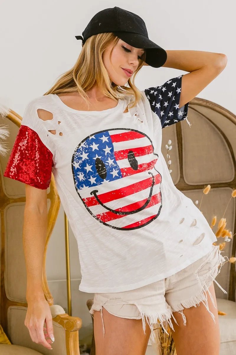BiBi Fourth Of July Top With Laser Cut And Smile Face - Grace & Grit Boutique