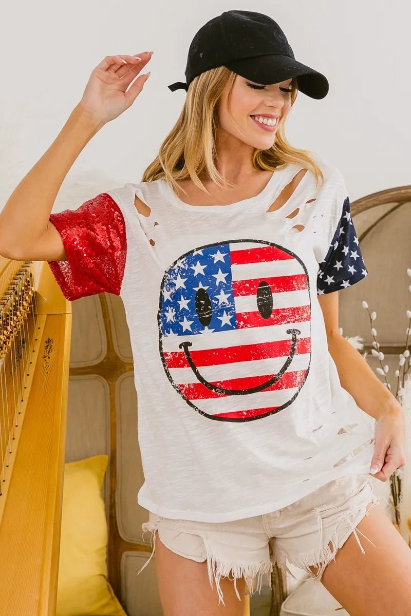 BiBi Fourth Of July Top With Laser Cut And Smile Face - Grace & Grit Boutique