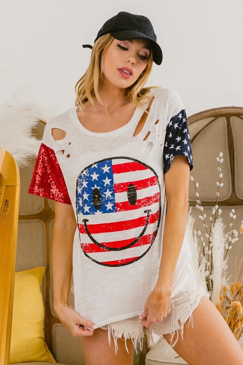 BiBi Fourth Of July Top With Laser Cut And Smile Face - Grace & Grit Boutique