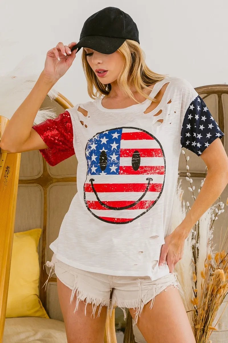 BiBi Fourth Of July Top With Laser Cut And Smile Face - Grace & Grit Boutique