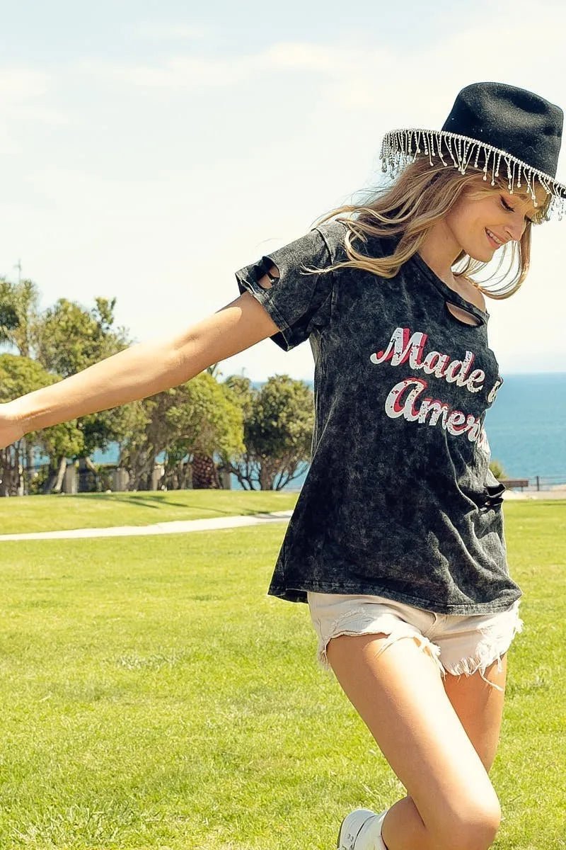 BiBi Laser Cut Mineral Washed America Print Top - Grace & Grit Boutique