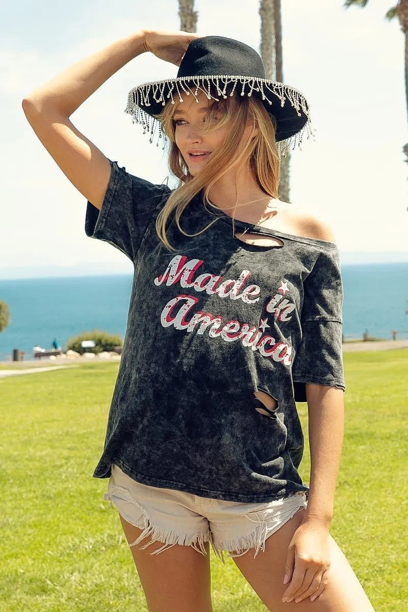 BiBi Laser Cut Mineral Washed America Print Top - Grace & Grit Boutique