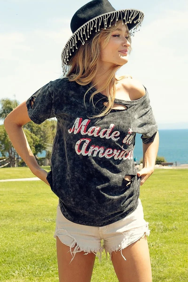 BiBi Laser Cut Mineral Washed America Print Top - Grace & Grit Boutique