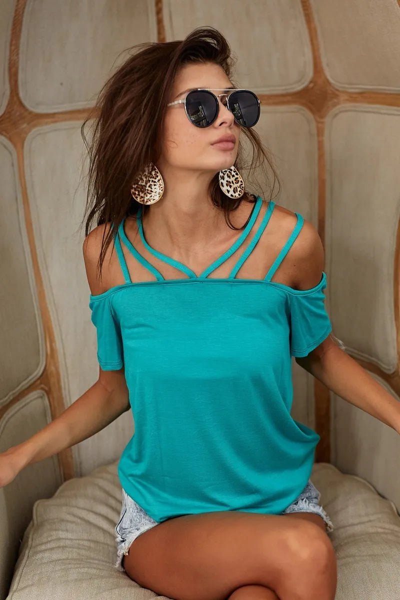 BiBi Rayon Span Jersey Lace Up Shoulder Detailed Top - Grace & Grit Boutique