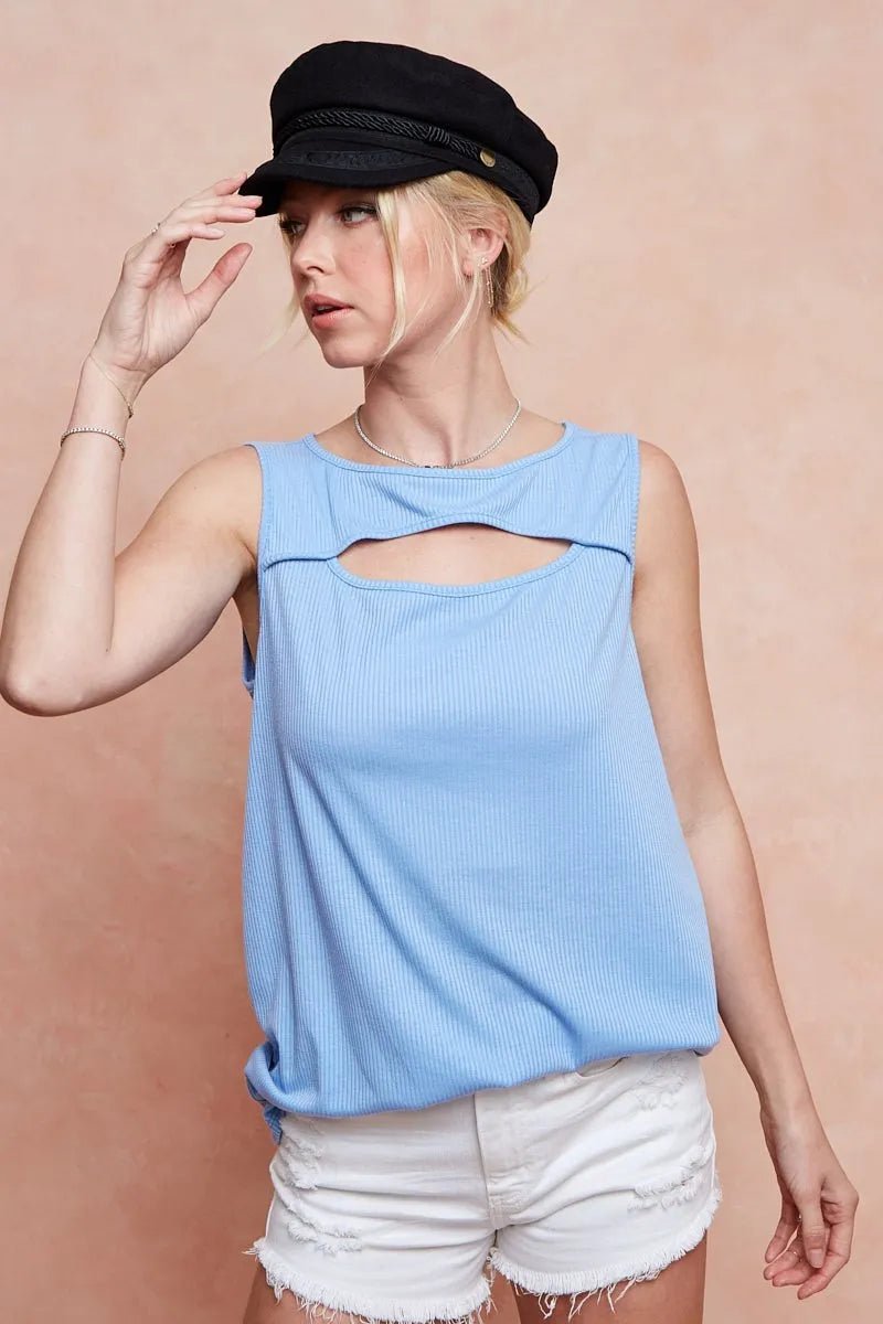 BiBi Soft Rib Knit with Cut Out Front Sleeveless Top - Grace & Grit Boutique