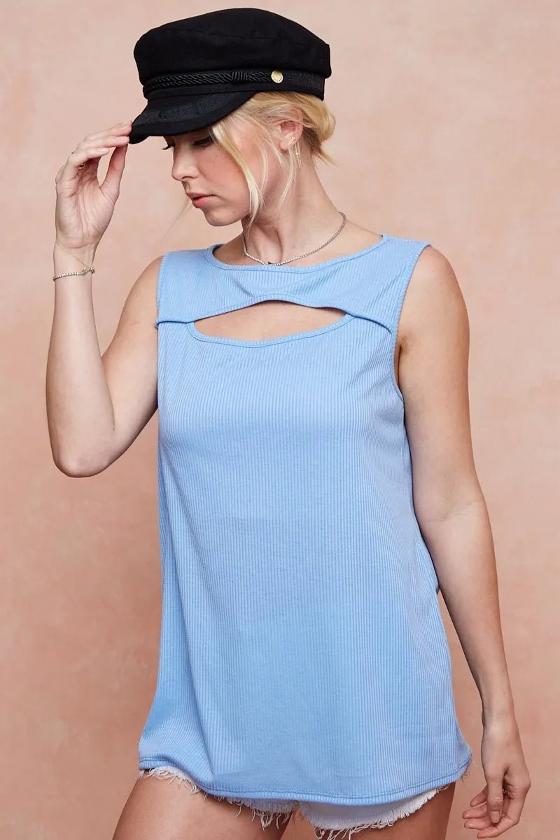 BiBi Soft Rib Knit with Cut Out Front Sleeveless Top - Grace & Grit Boutique