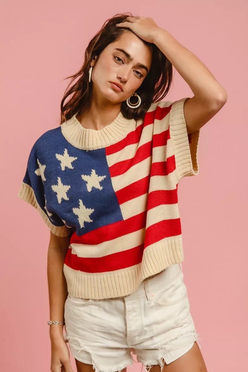 BiBi Star Patches American Flag Sleeveless Sweater - Grace & Grit Boutique