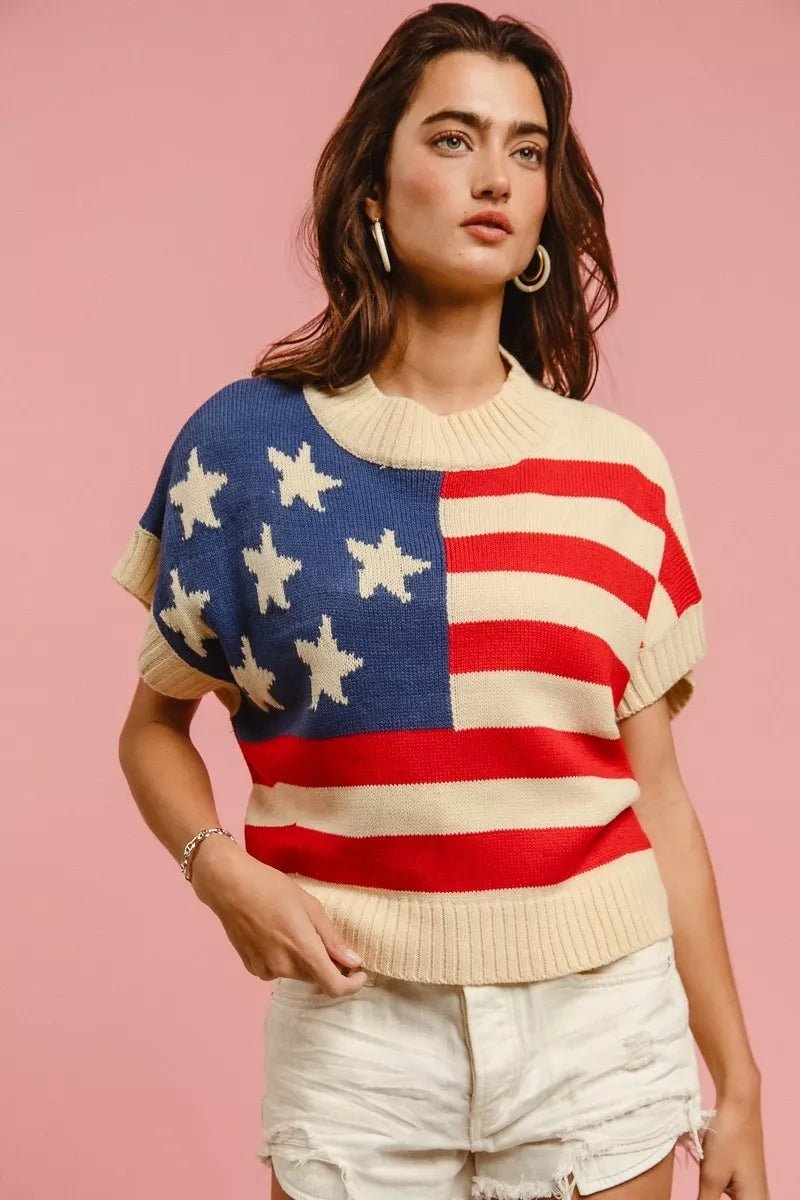BiBi Star Patches American Flag Sleeveless Sweater - Grace & Grit Boutique