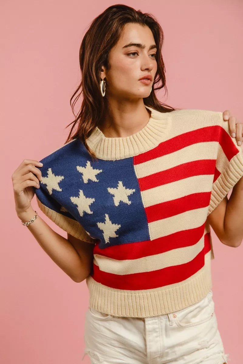 BiBi Star Patches American Flag Sleeveless Sweater - Grace & Grit Boutique