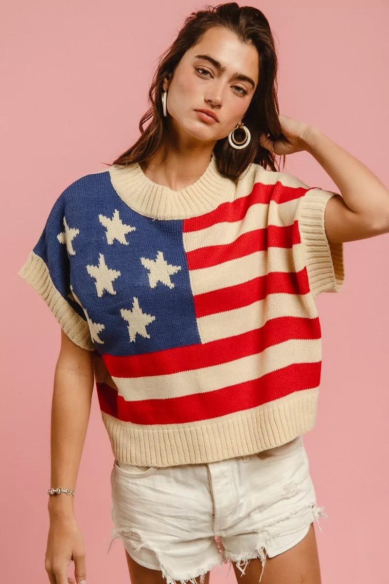 BiBi Star Patches American Flag Sleeveless Sweater - Grace & Grit Boutique